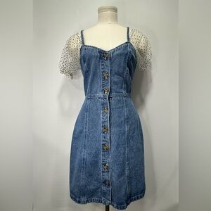 Missguided Denim Dress w/Capped Polka Dot Sleeves Sz 4 95% cotton